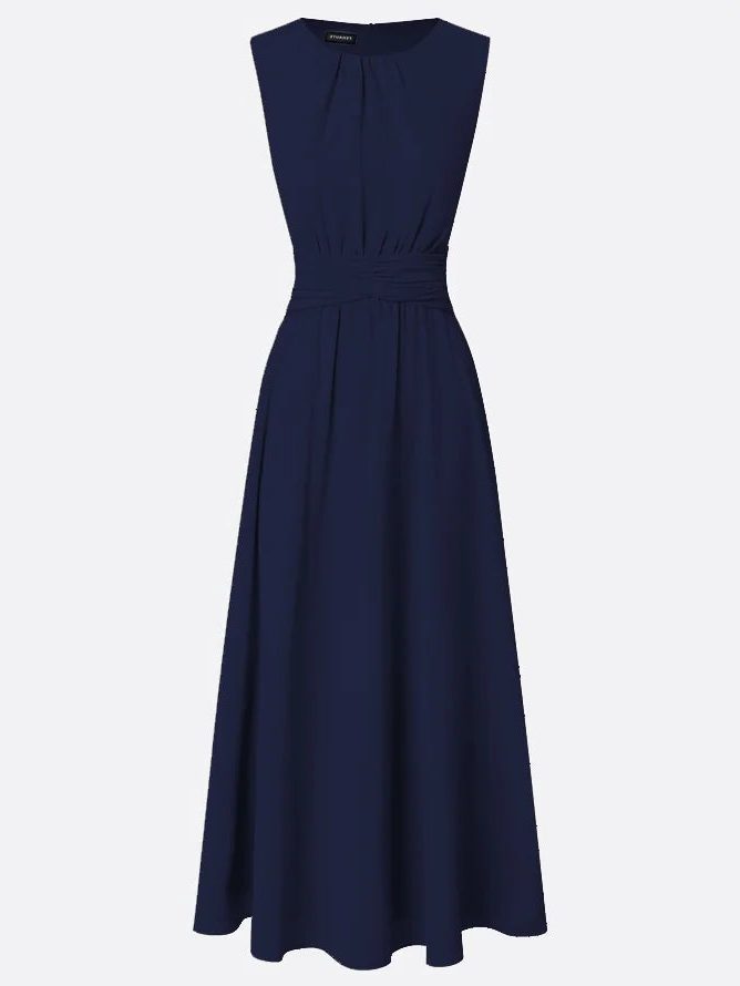 Formal wedding guest maxi dress, ruched A-line, elegant design.