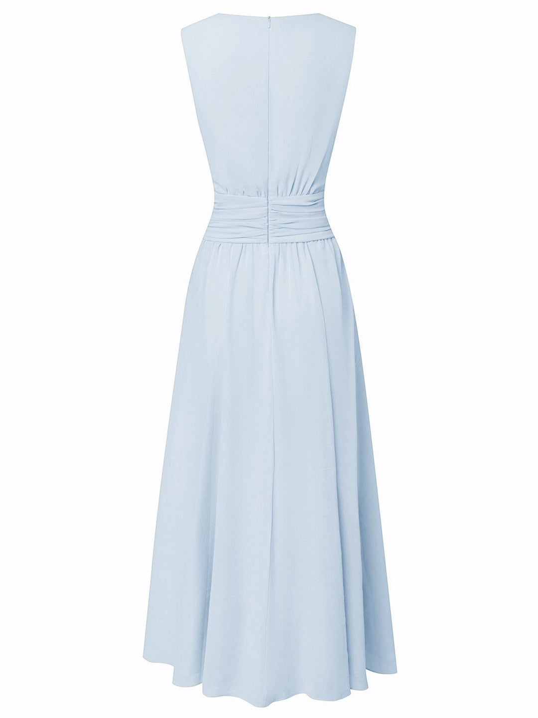 Formal A-line dress, sleeveless with ruched detailing, special occasion wear.