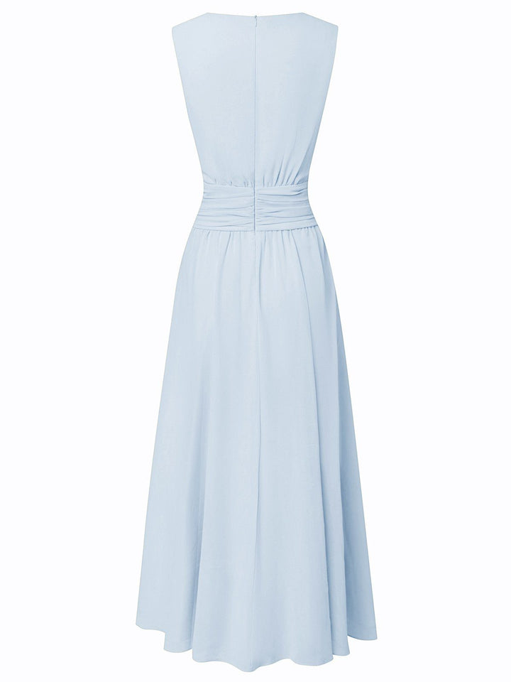 Formal A-line dress, sleeveless with ruched detailing, special occasion wear.