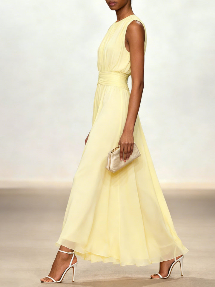 Women's elegant summer maxi dress, A-line silhouette, ruched waist.