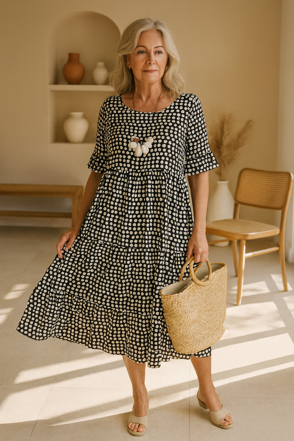 Chic sable short-sleeve midi dress for women, offering a relaxed fit, rounded neckline, and elegant style.