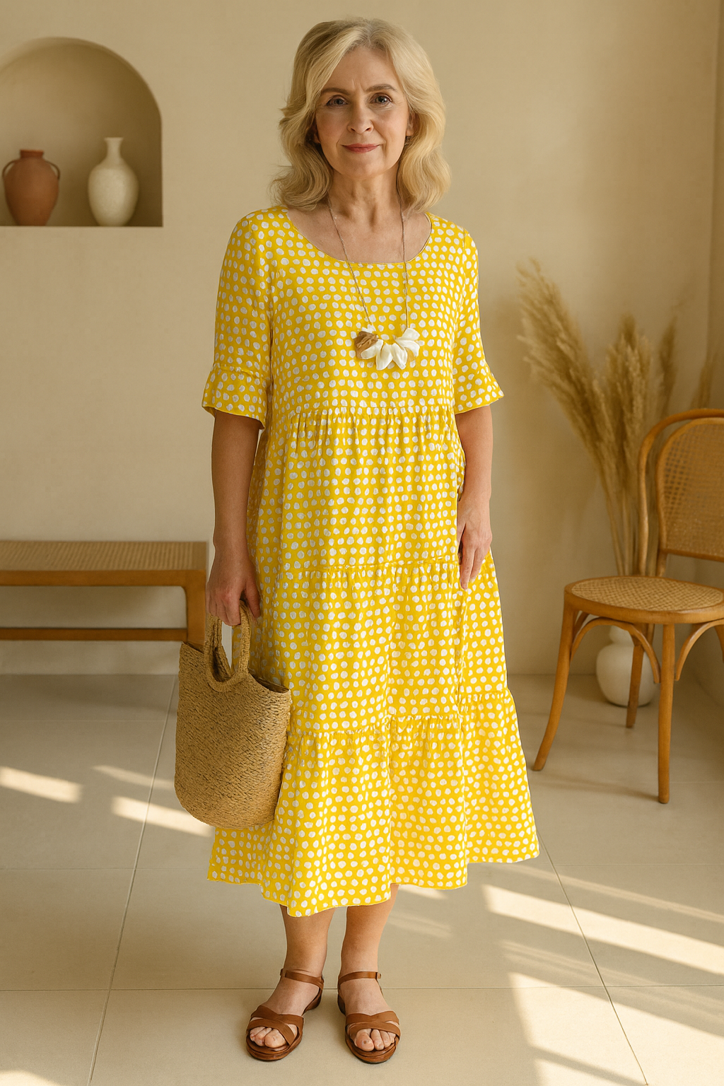 Elegant women's sable midi dress, designed with short sleeves and a comfortable relaxed fit for summer fashion.