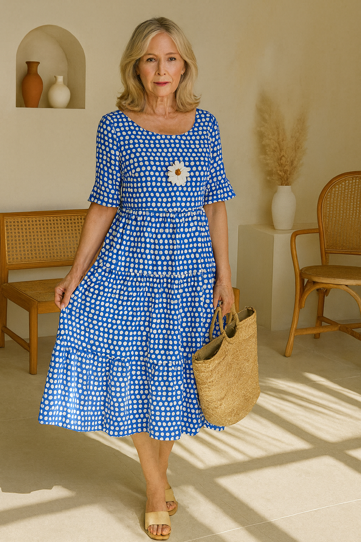 Relaxed fit sable short-sleeve midi dress for women, combining elegant design with comfortable everyday wear.