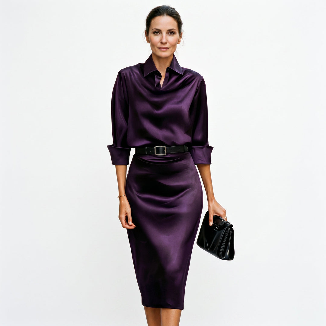 Sophisticated midi length satin dress, designed for elegant evening wear.