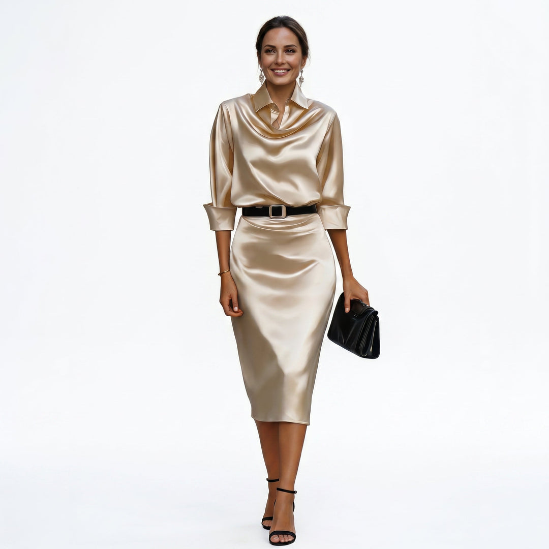 A beautiful satin wedding guest dress, combining style and comfort.