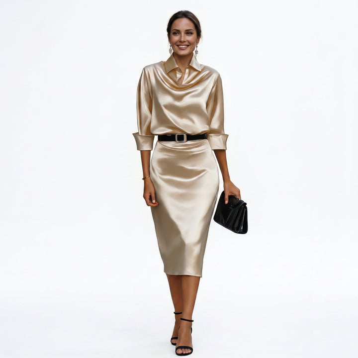 A beautiful satin wedding guest dress, combining style and comfort.