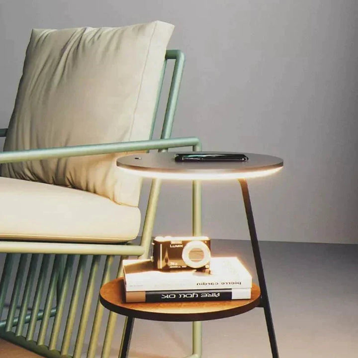 Modern accent table with integrated storage and two shelves for a chic living space.