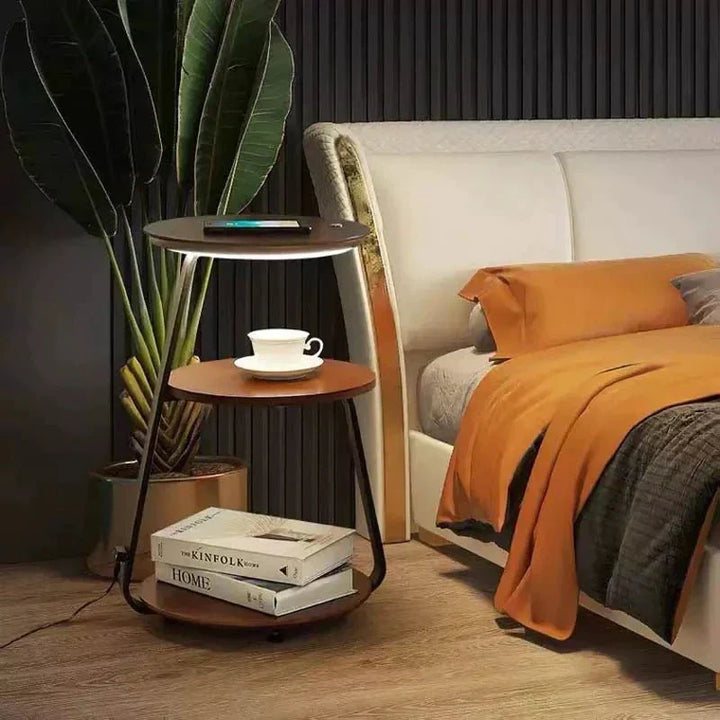 Sleek bedroom side table with convenient storage and two display tiers for essentials.