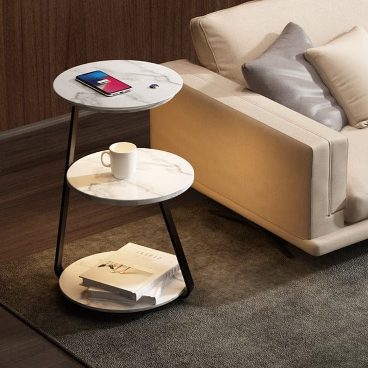 Accent table, combining a sophisticated wood finish with practical dual-tier storage.