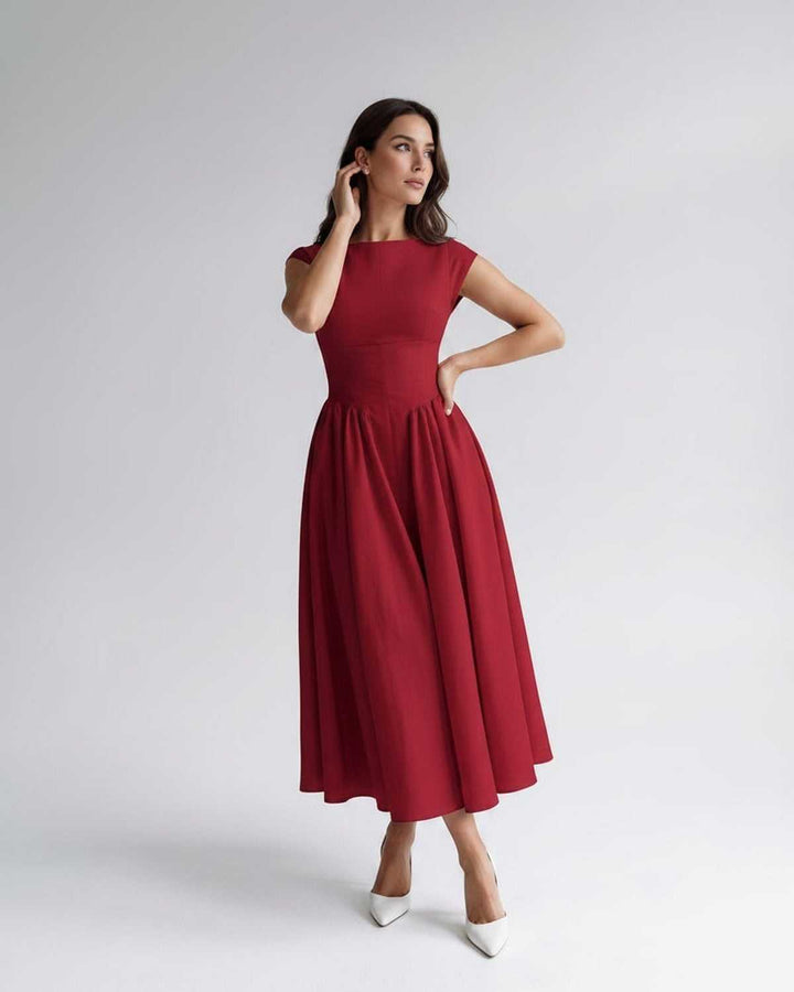 A-line midi party dress for women, sleeveless, elegant, and chic with a flattering gathered waist.