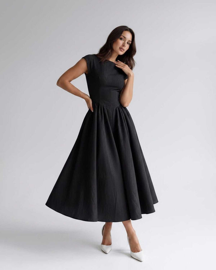 Women's formal sleeveless A-line midi dress, sophisticated for evening events, with a gathered waist.