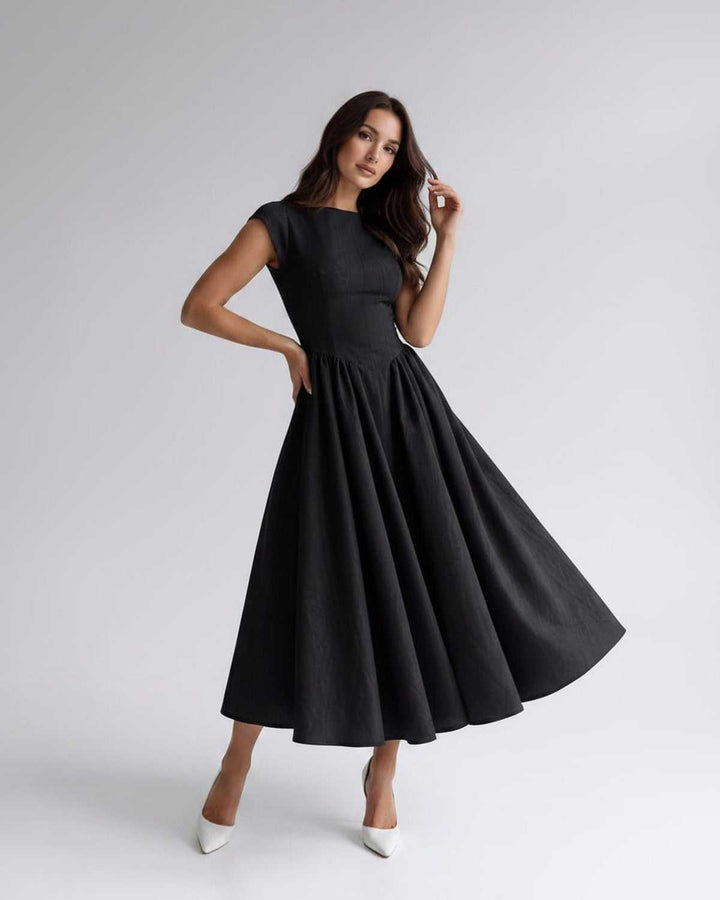 Elegant women's sleeveless A-line midi dress, a timeless formal piece with a graceful gathered waist.