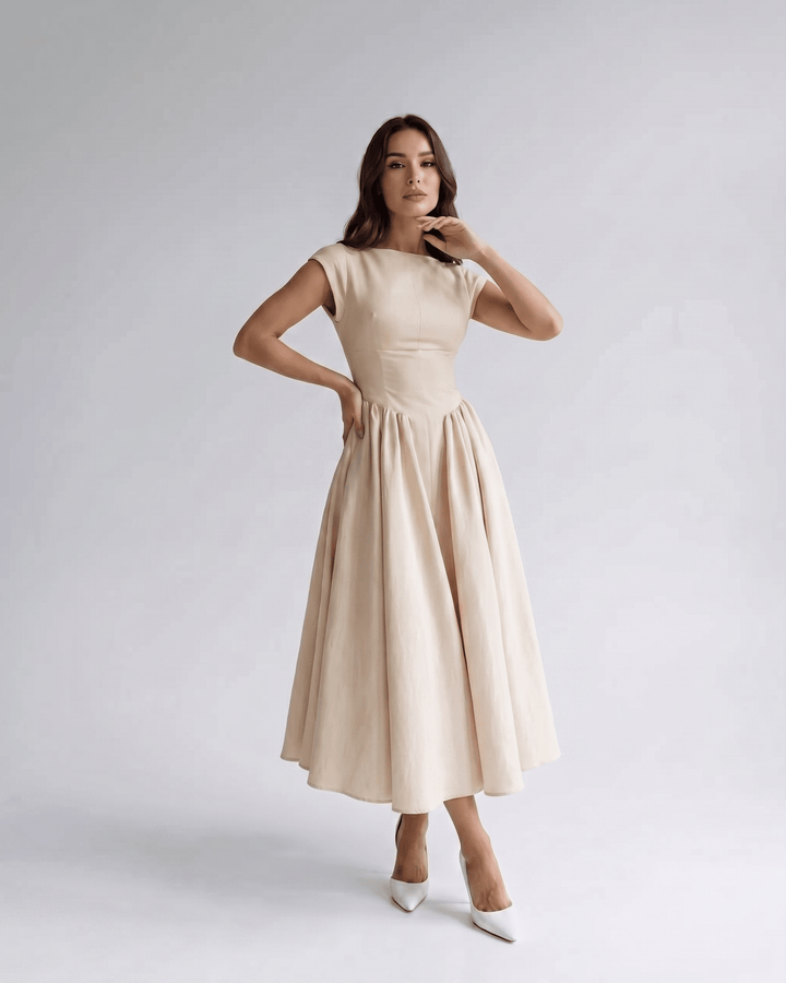 Formal women's sleeveless A-line midi dress, sophisticated & elegant, suitable for special occasions.