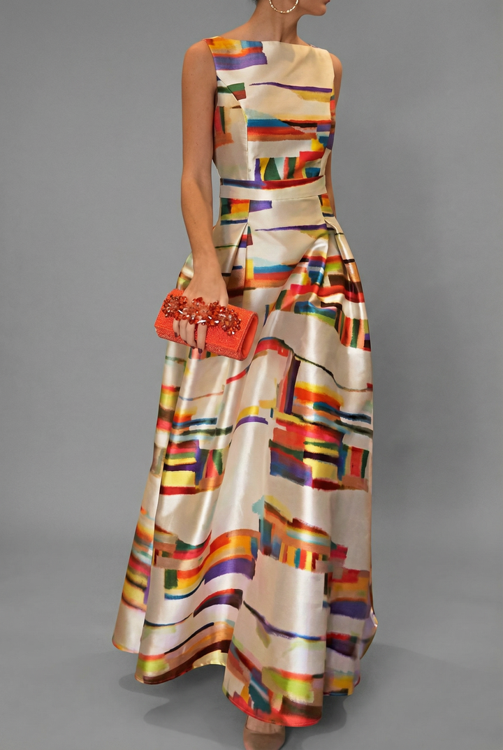 Elegant sleeveless maxi dress for women, perfect as a formal evening gown with a sophisticated multicolour print.