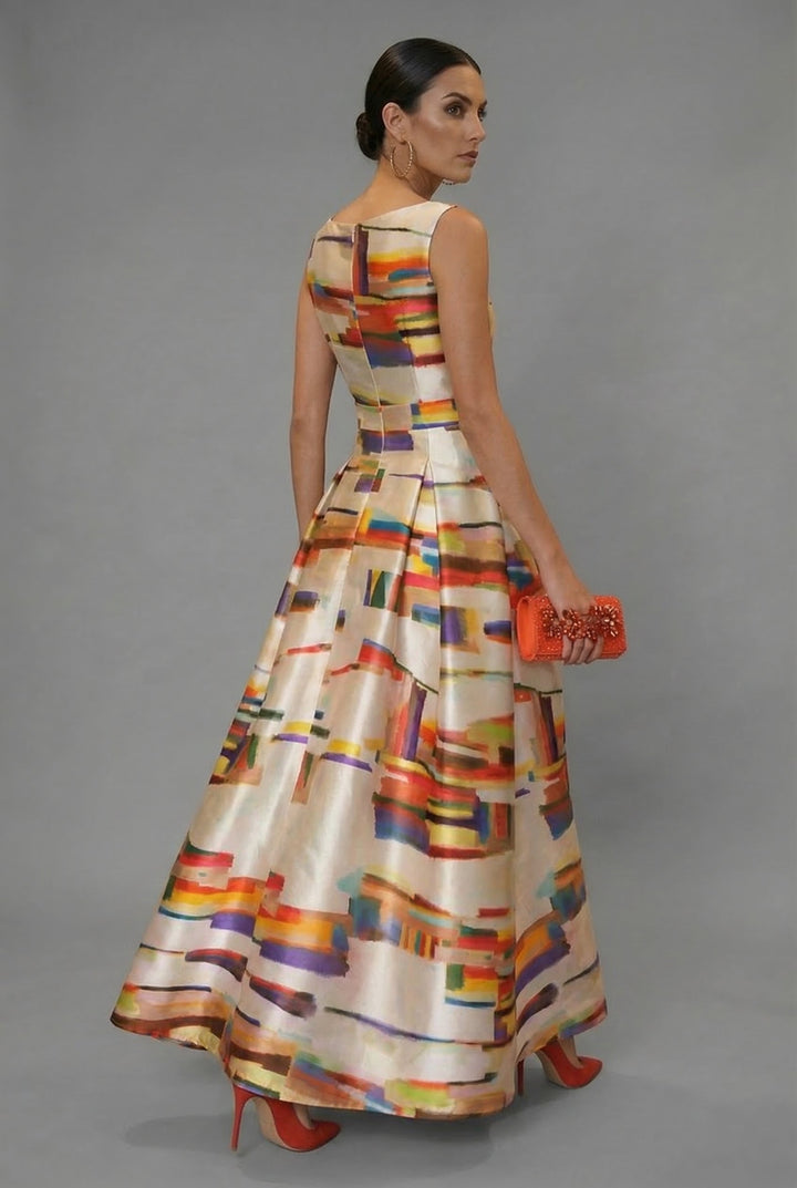 Women's formal sleeveless maxi dress, an elegant evening gown for special occasions with a beautiful multicolour print.