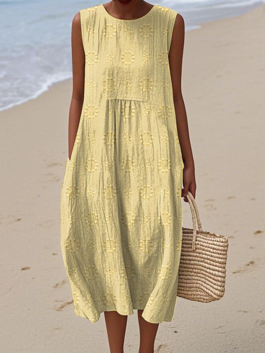 Versatile women's elegant summer midi dress. Sleeveless, with handy pockets, suitable for casual or vacation.