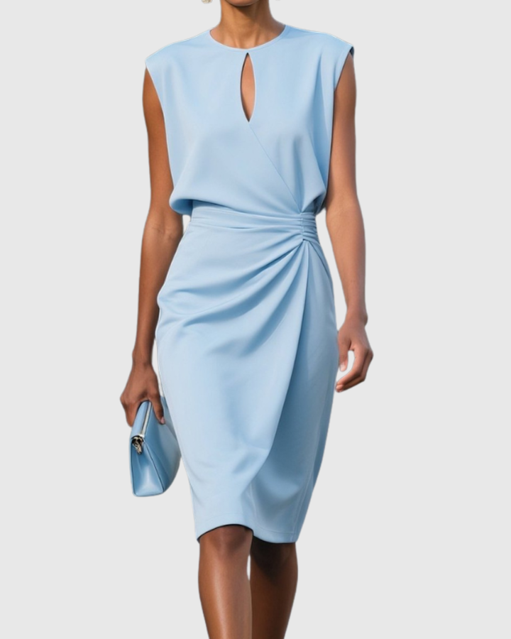 Women's light blue elegant sleeveless midi dress, ideal for casual summer events or special occasions.