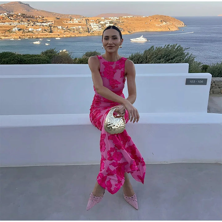Elegant pink sleeveless maxi dress for women, a formal choice for wedding guests, evening parties & events.