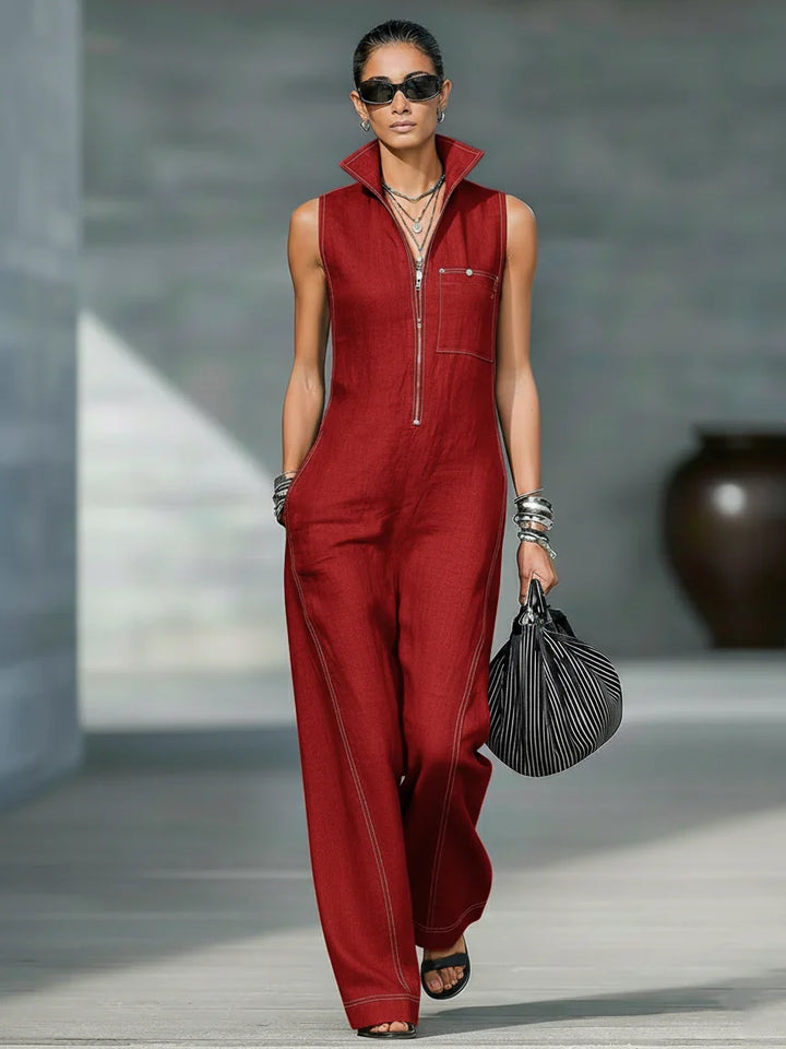 Elegant sleeveless women's jumpsuit with chic white trim, full length, ideal for summer travel & casual wear.