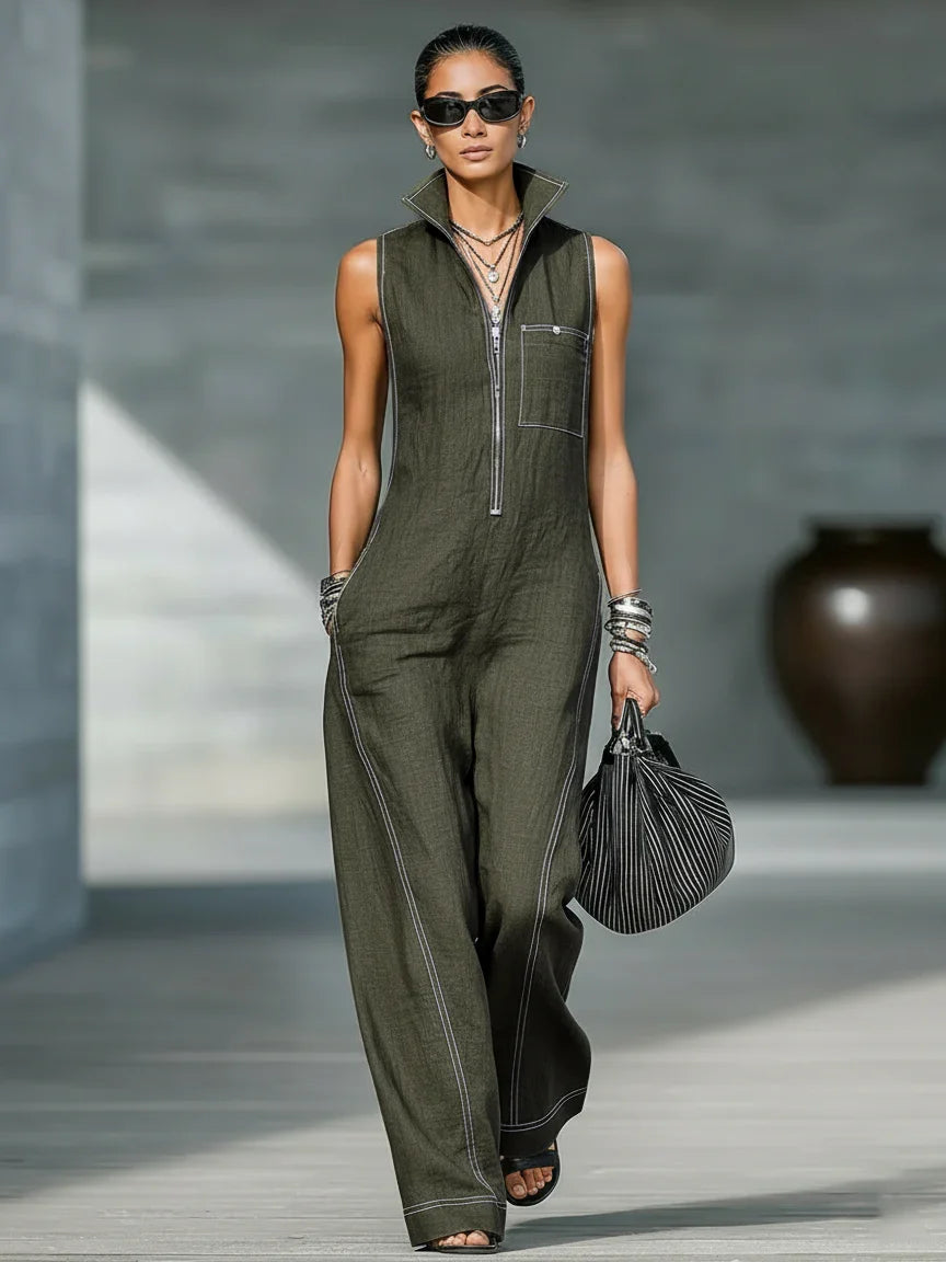 Versatile women's full-length jumpsuit featuring a relaxed fit, sleeveless design, and stylish white trim.