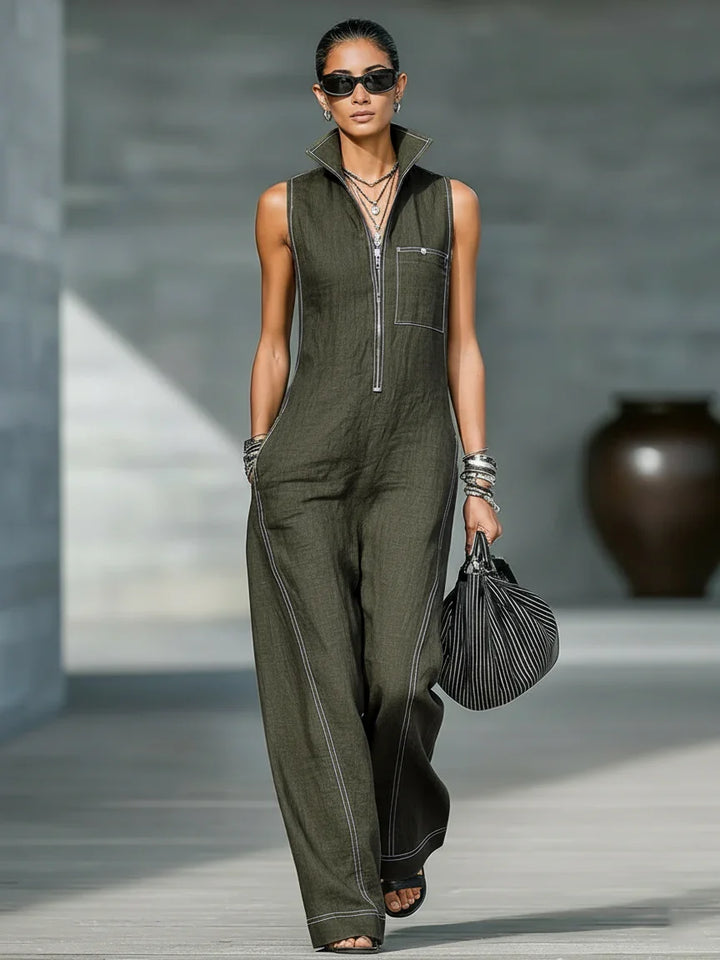 Versatile women's full-length jumpsuit featuring a relaxed fit, sleeveless design, and stylish white trim.