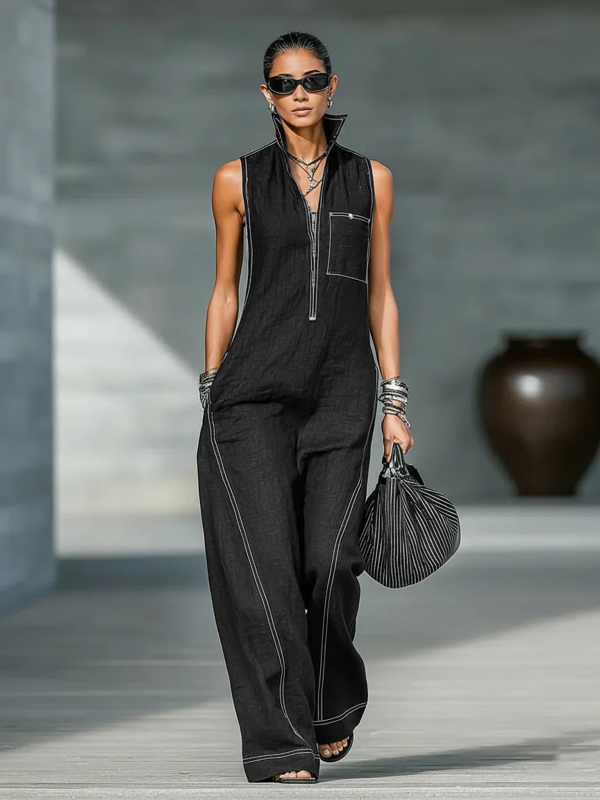 Chic zip-neck sleeveless jumpsuit for women, with elegant white trim, perfect for summer fashion.