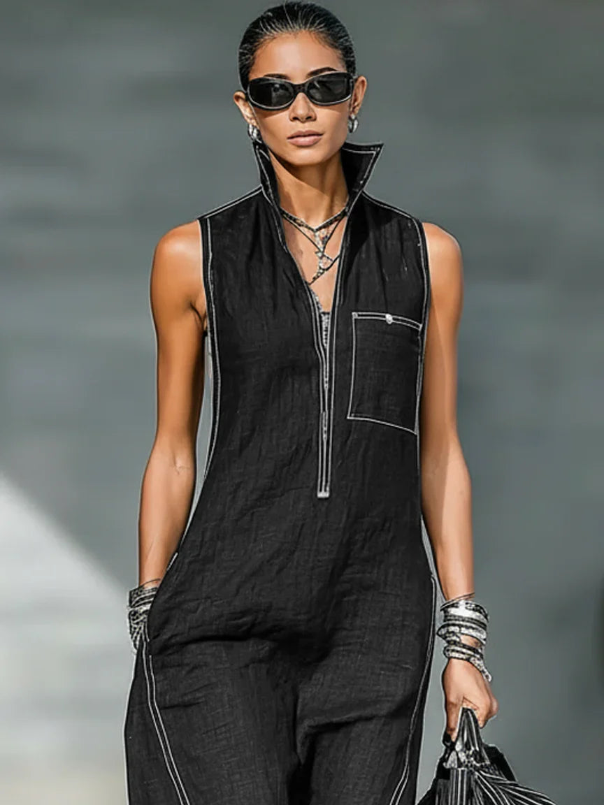 Stylish women's sleeveless jumpsuit, white trim detail, offering an elegant look for casual & travel.