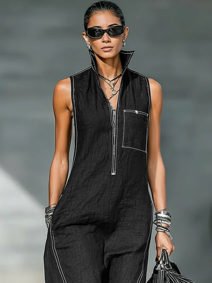 Stylish women's sleeveless jumpsuit, white trim detail, offering an elegant look for casual & travel.