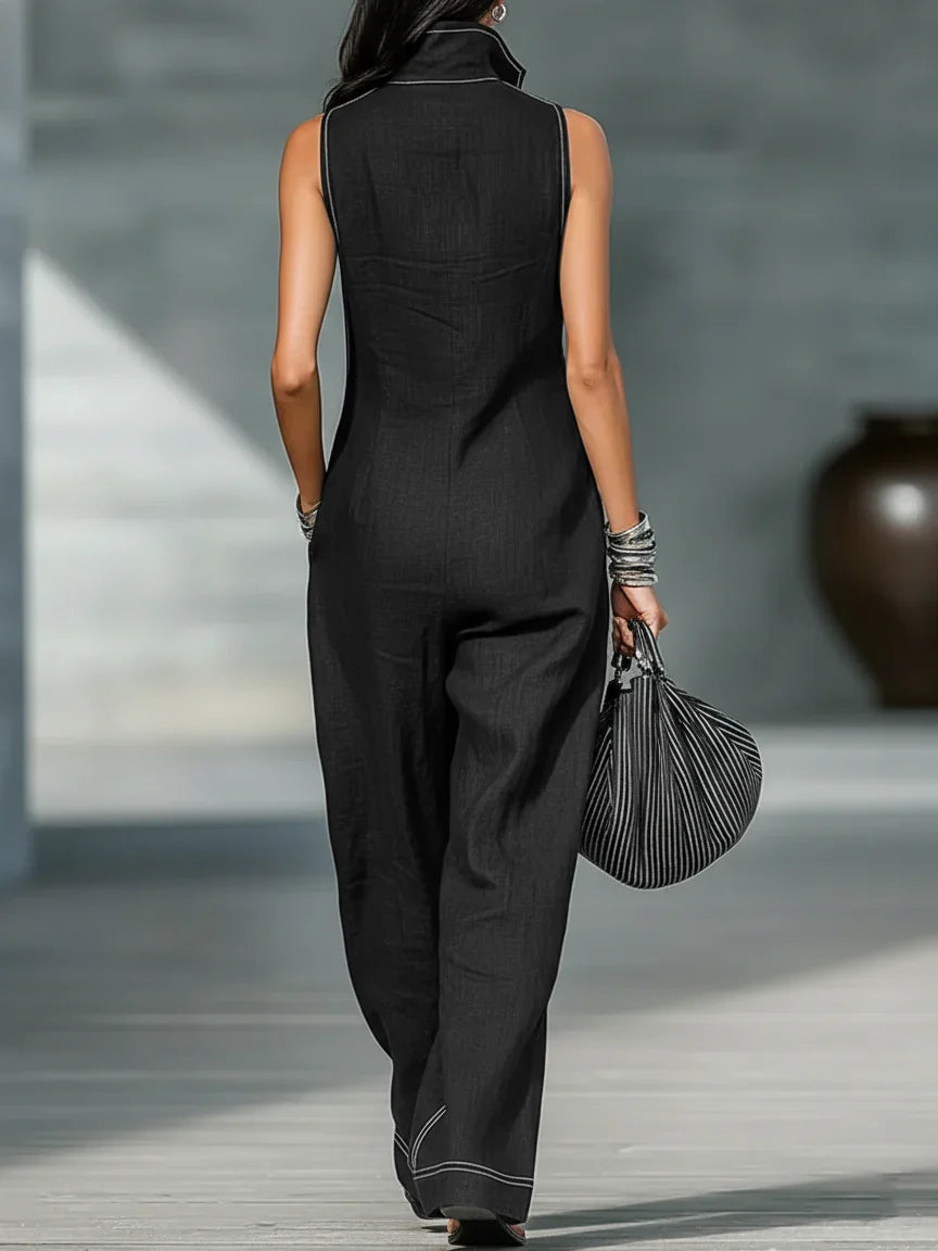 Full-length elegant sleeveless jumpsuit for women, featuring a sophisticated white trim design.