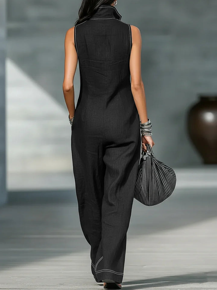 Full-length elegant sleeveless jumpsuit for women, featuring a sophisticated white trim design.