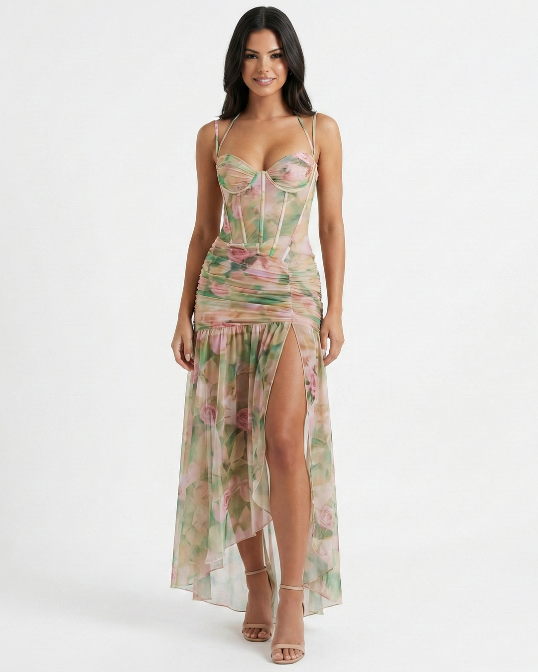 Elegant Solene floral maxi dress for women, perfect for summer evenings. Features a pleated, long silhouette.