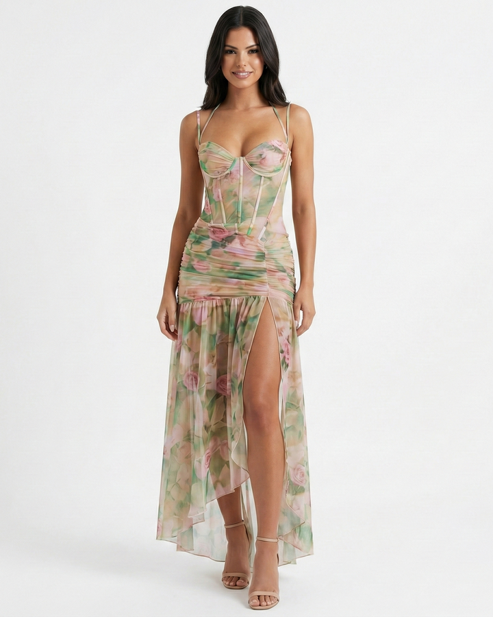 Elegant Solene floral maxi dress for women, perfect for summer evenings. Features a pleated, long silhouette.