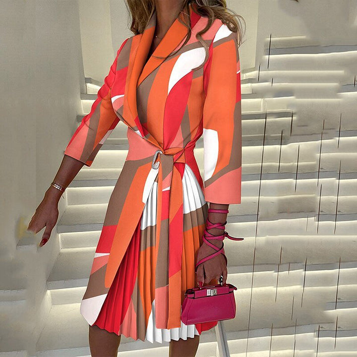 Close-up of belted Sophie women's blazer dress with houndstooth, perfect for chic office fashion.