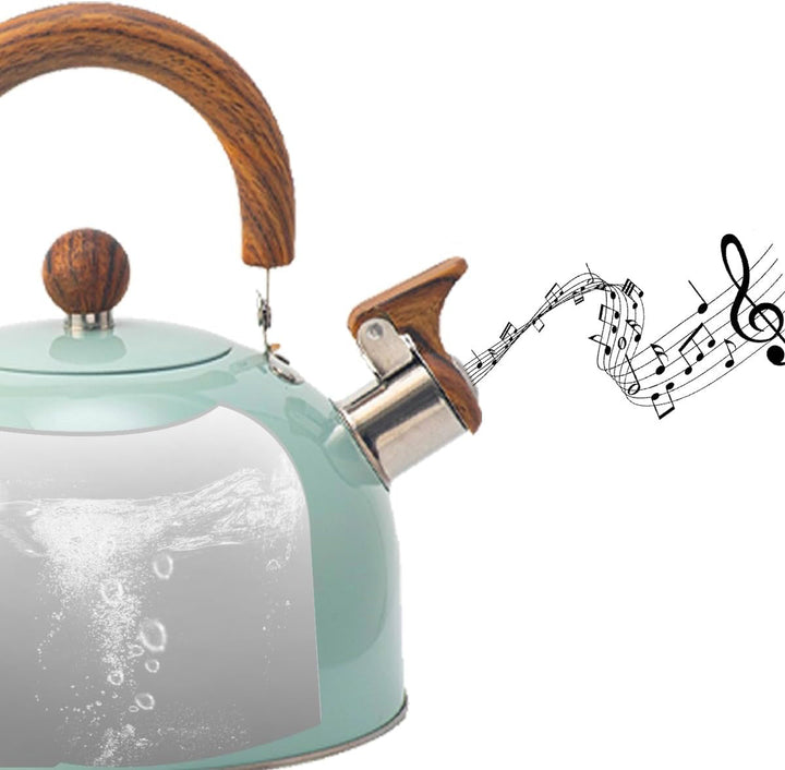 Green stainless steel whistling tea kettle with heat-resistant handle. Induction-ready for boiling water.