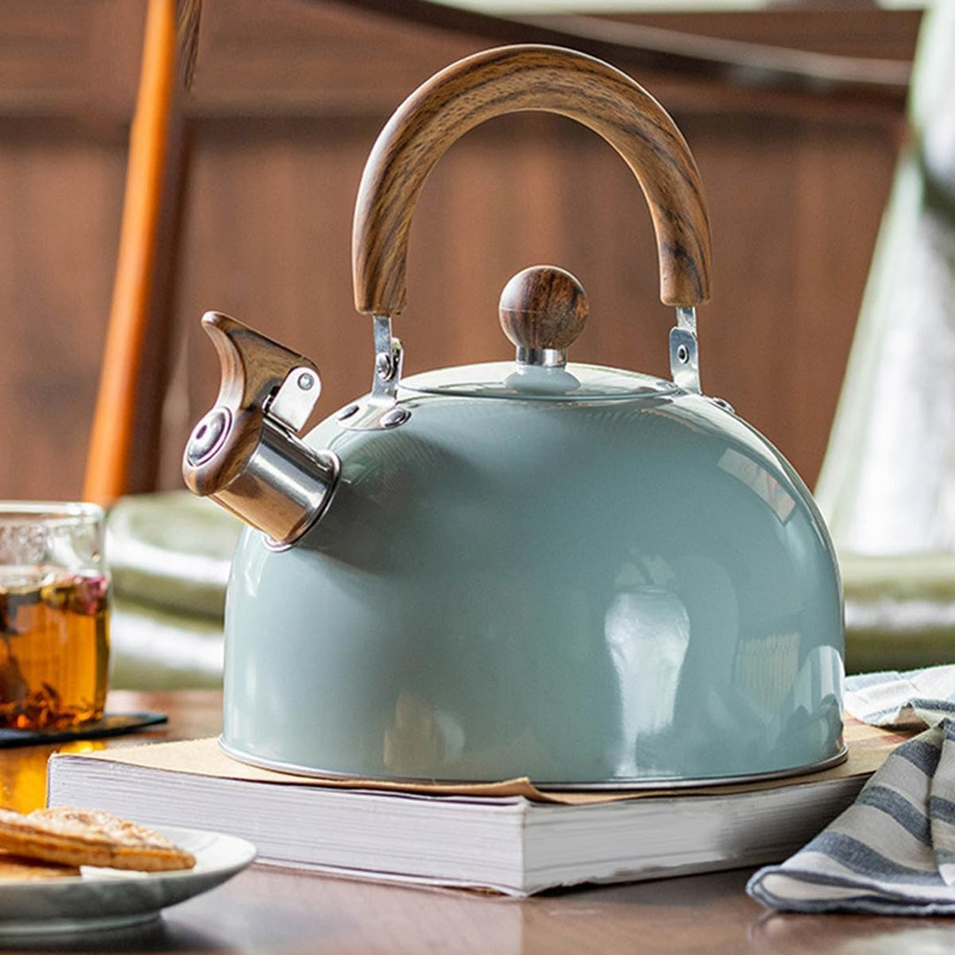 Stylish whistling tea kettle with a comfortable insulated handle. Modern design in polished stainless steel.