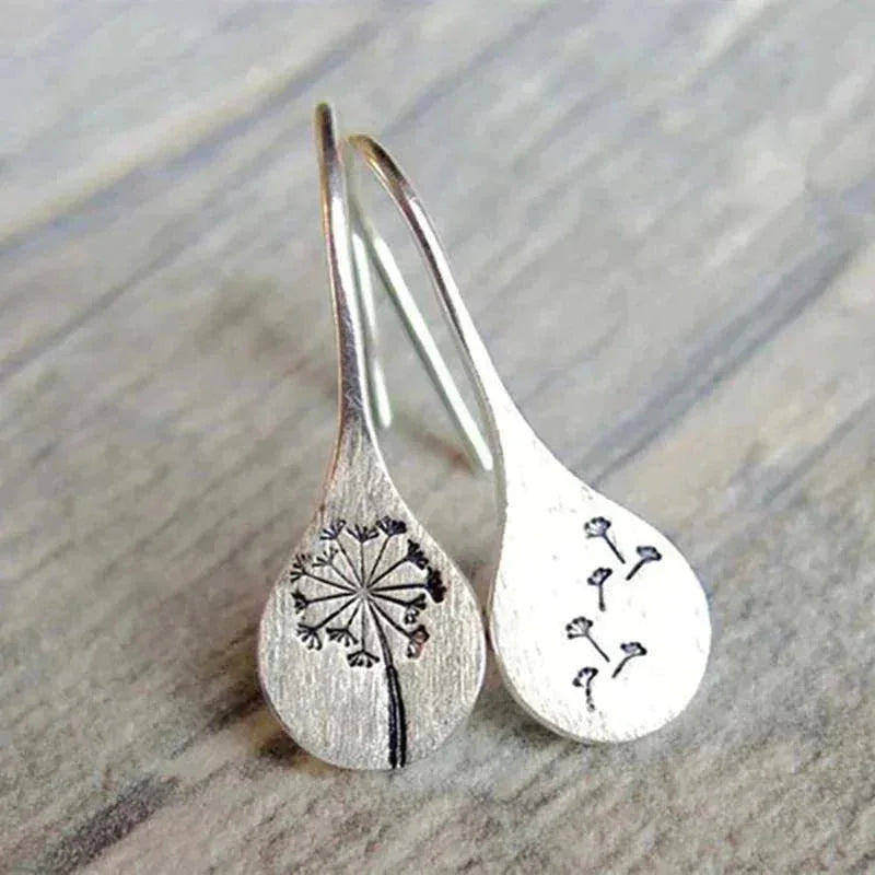 Elegant sterling silver dandelion teardrop dangle earrings for women, featuring a delicate nature-inspired design.