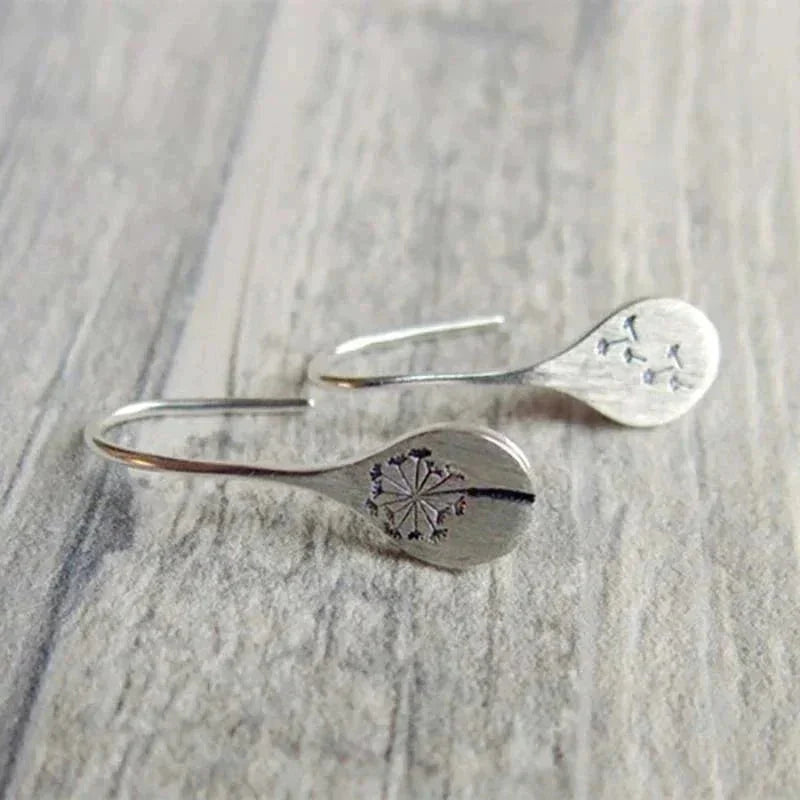 Delicate sterling silver dandelion teardrop dangle earrings for women, elegant and unique nature-themed silver jewelry.