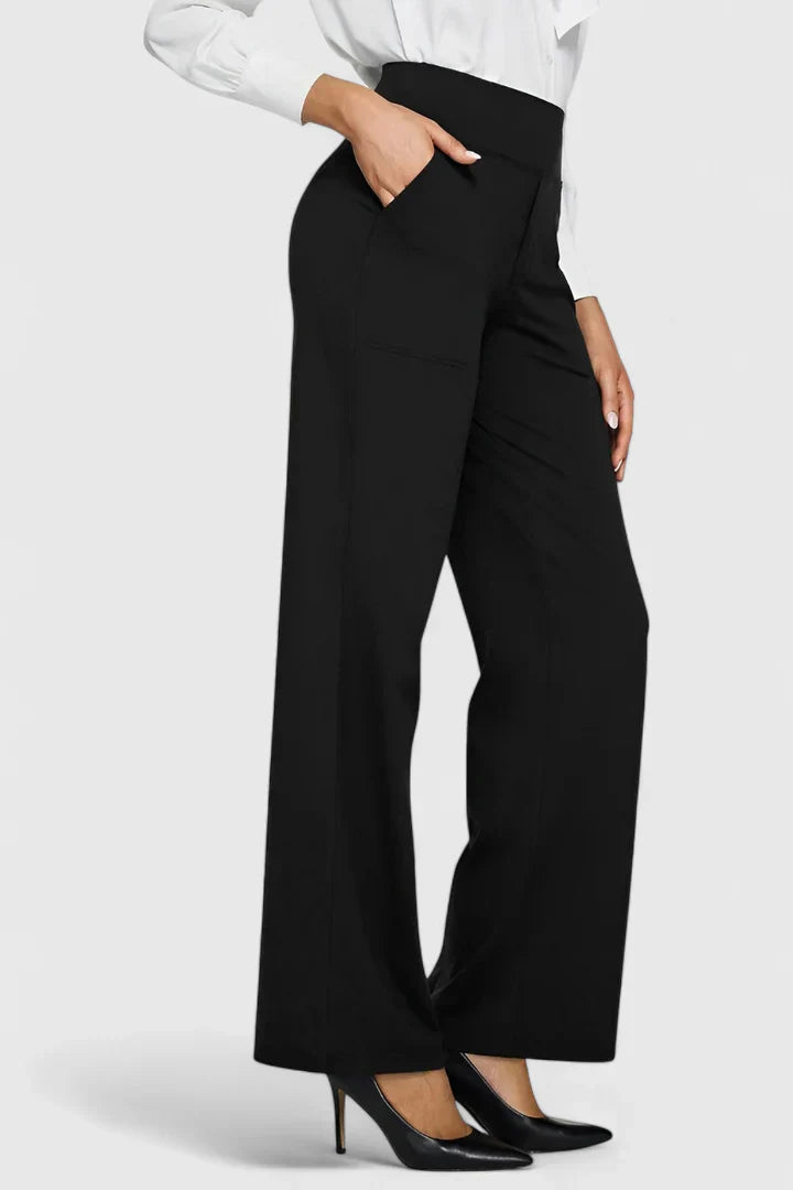Neatly folded elegant straight leg women's trousers, ready for versatile fashion styling.