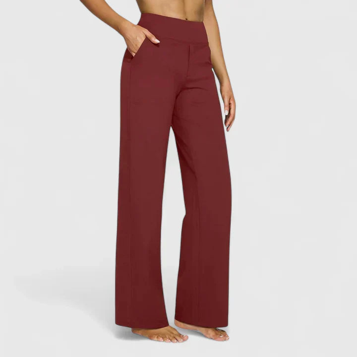Detail of the straight leg cut on women's elegant trousers, a key fashion and apparel feature.