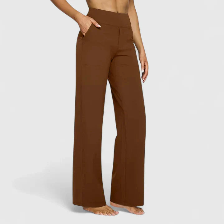 Women's elegant straight leg trousers in motion, showcasing comfortable fabric and versatile fashion.