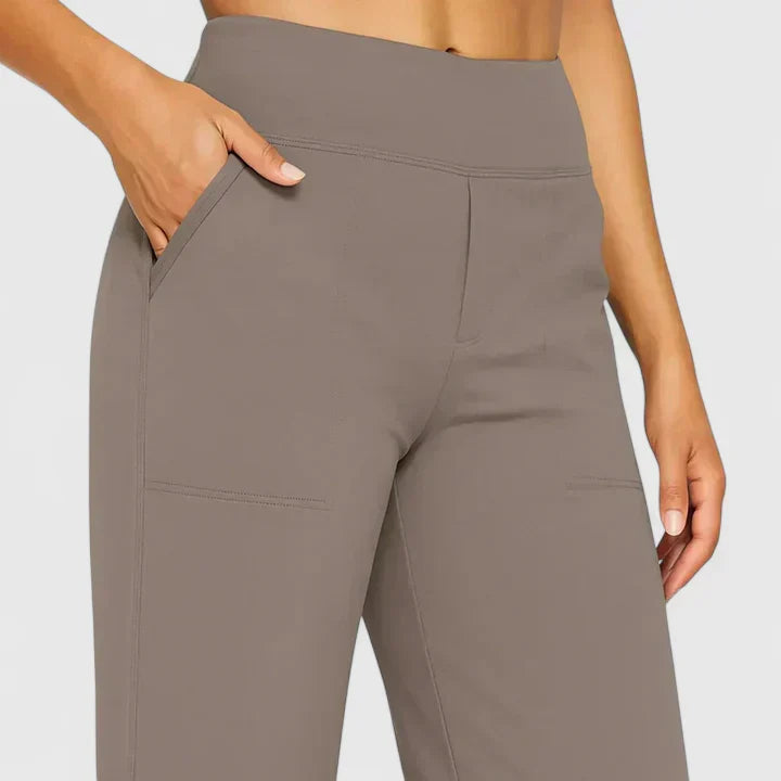 Soft fabric texture of versatile straight leg women's trousers, ideal for fashion and comfort.