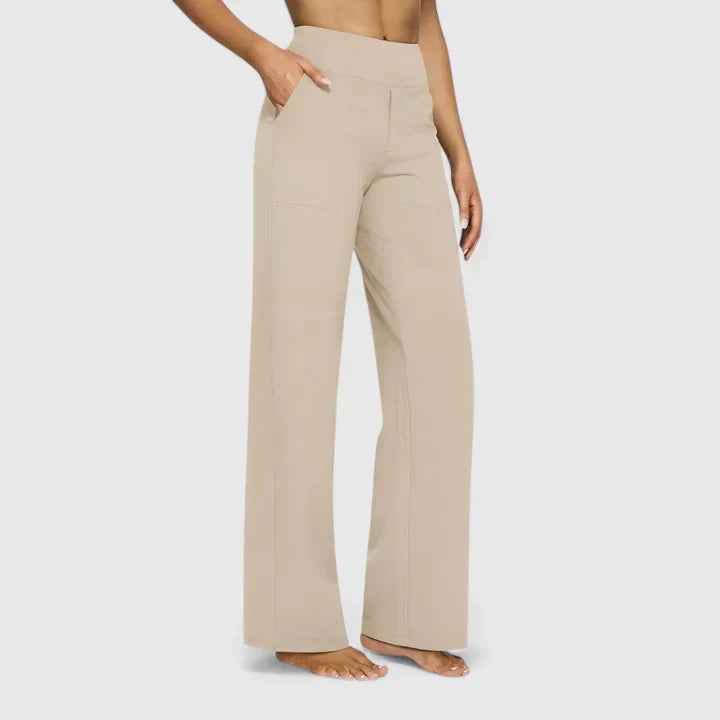 Women's straight leg trousers in a casual outfit, highlighting versatile fashion and comfort.
