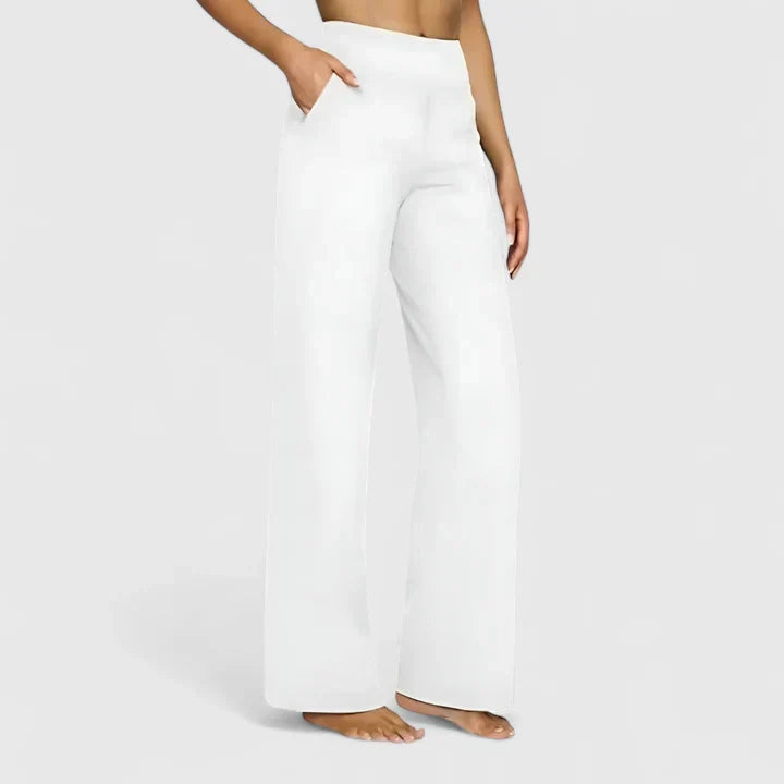 Back view of elegant straight leg women's trousers, showcasing comfortable fit and design.