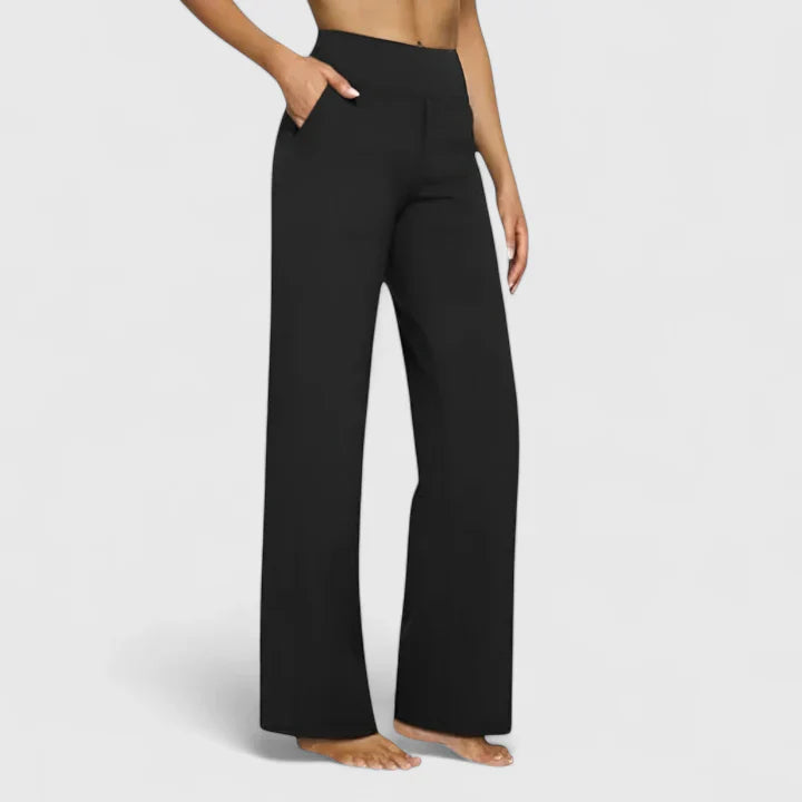 Side profile of women's straight leg trousers, emphasizing sleek, elegant work apparel.
