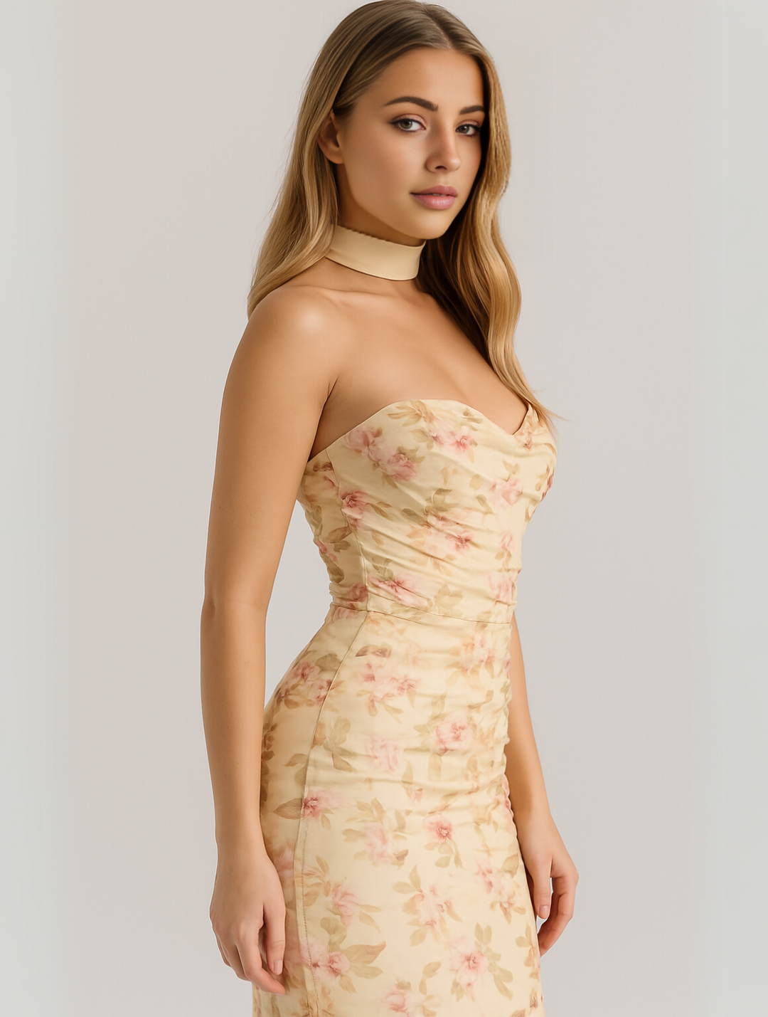 Beautiful women's strapless evening dress with choker detail, a long elegant maxi.