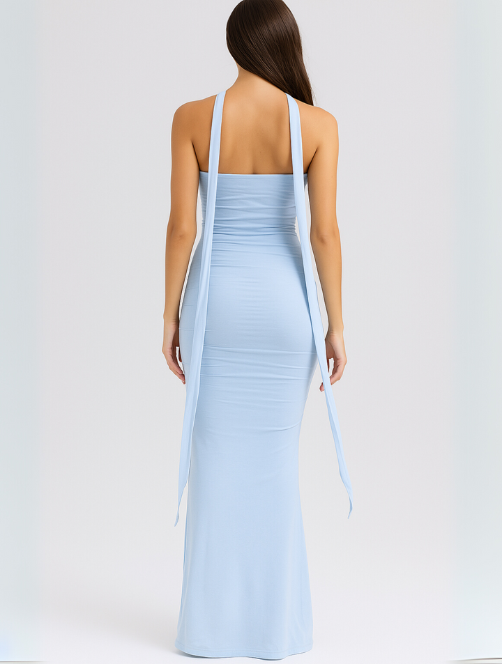 Stylish women's party dress: elegant strapless maxi with a sophisticated choker.