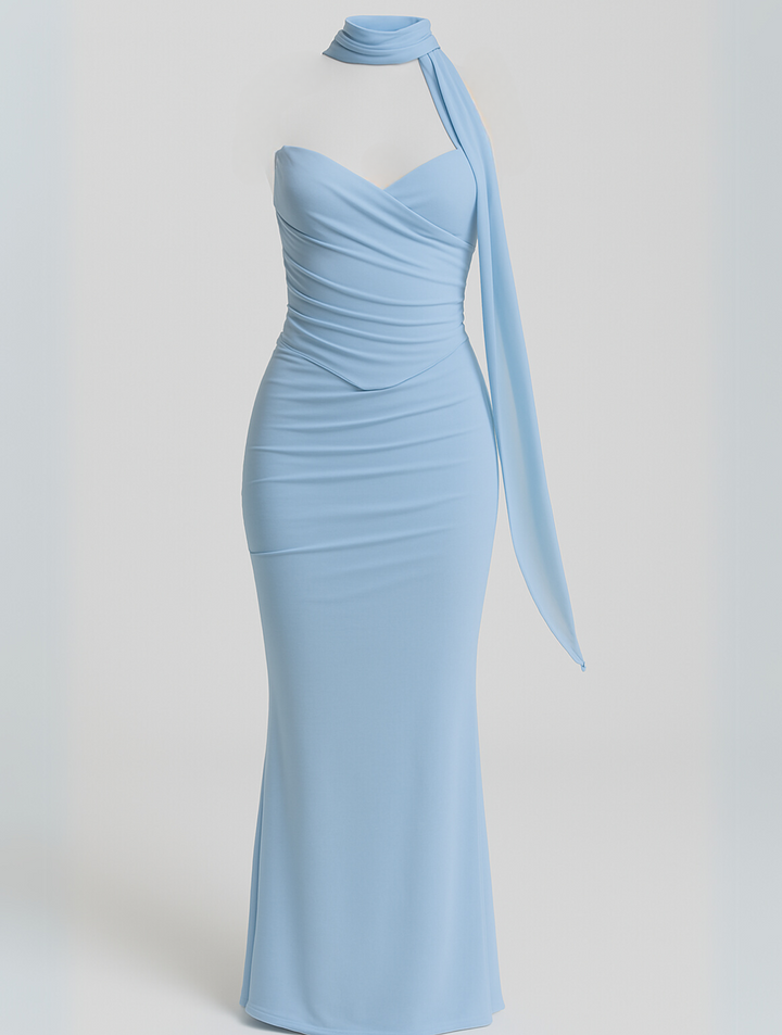 Women's fashion: graceful strapless choker maxi dress, perfect for summer evenings.