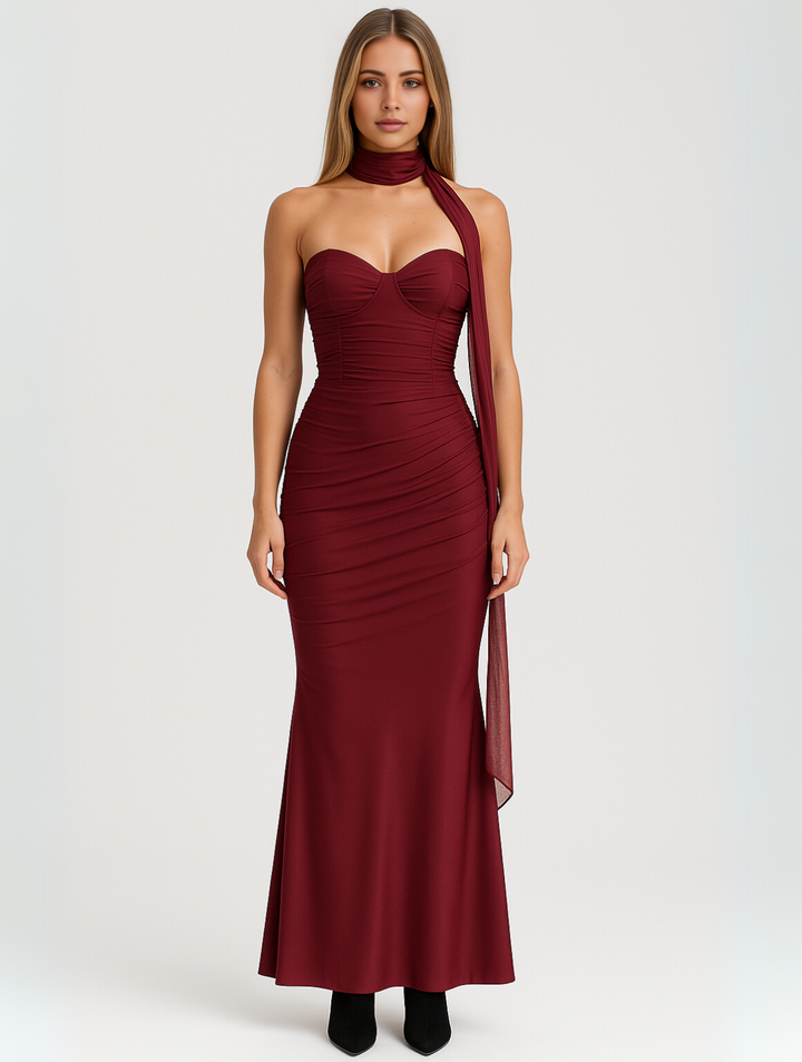 Sophisticated women's strapless maxi dress with an attached choker for formal events.