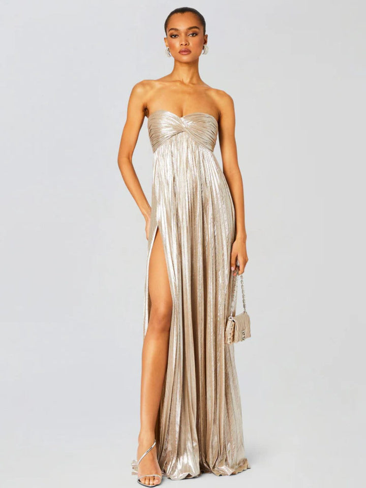 Elegant strapless maxi dress for women, perfect for wedding guests & formal evening events.