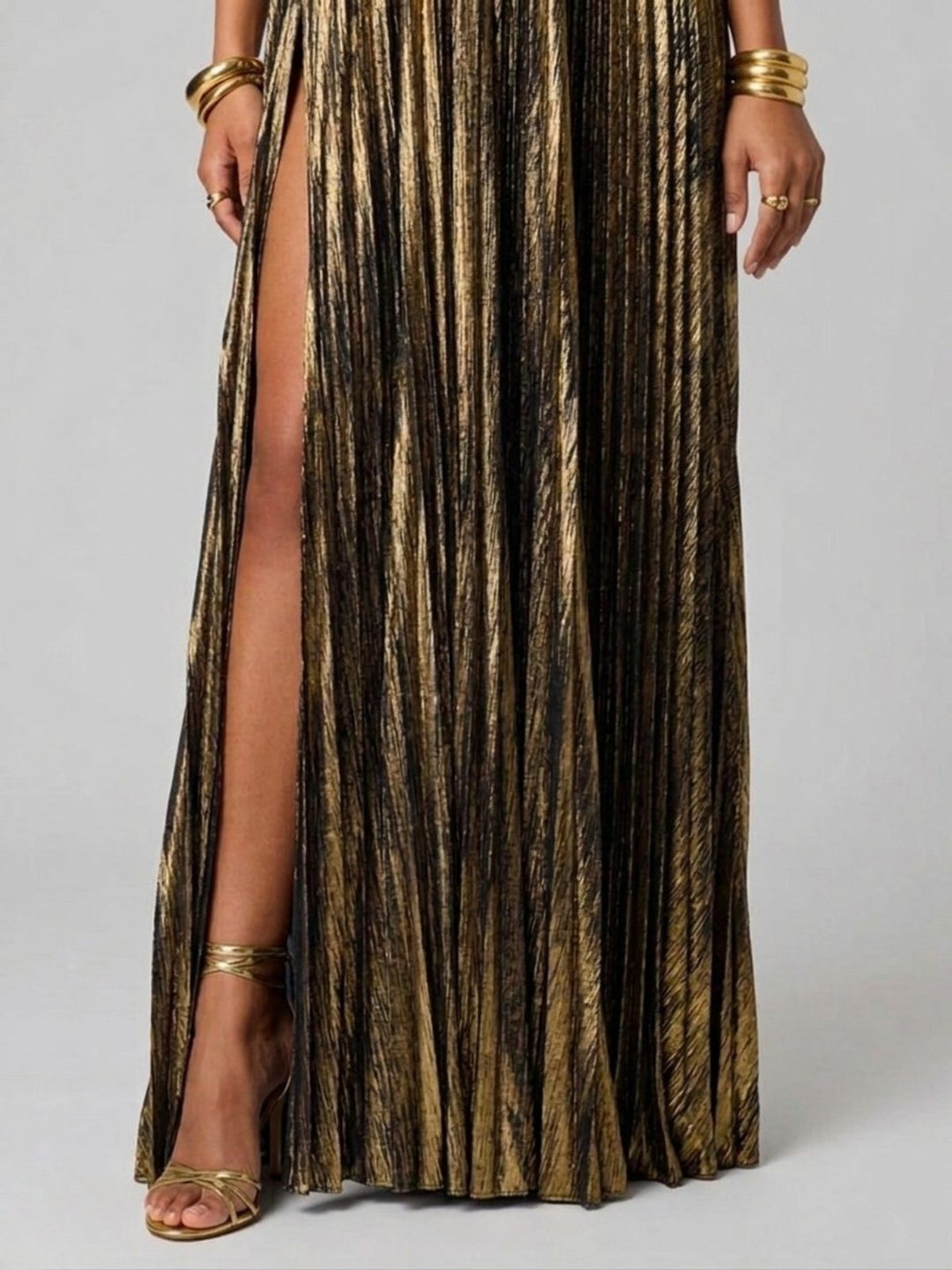 Elegant women's strapless maxi dress for formal events, a perfect wedding guest outfit.